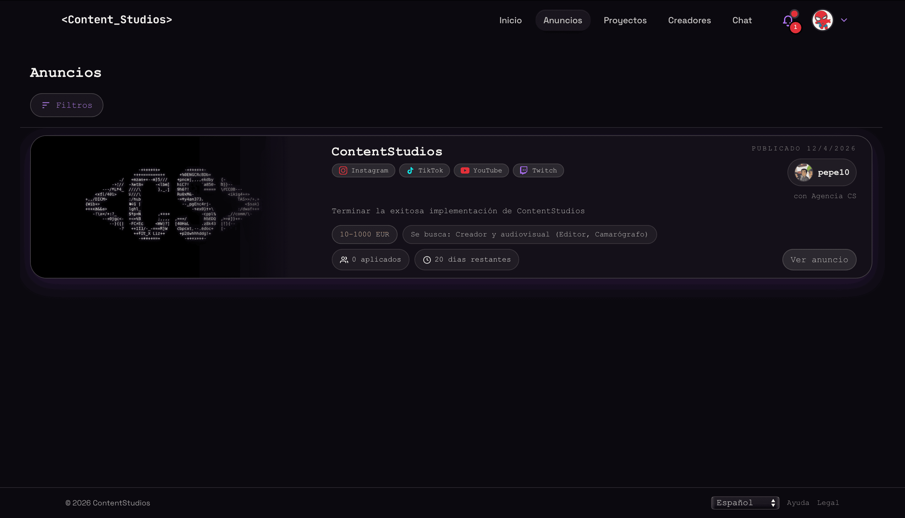 Captura real de contentstudios.app — listado de anuncios