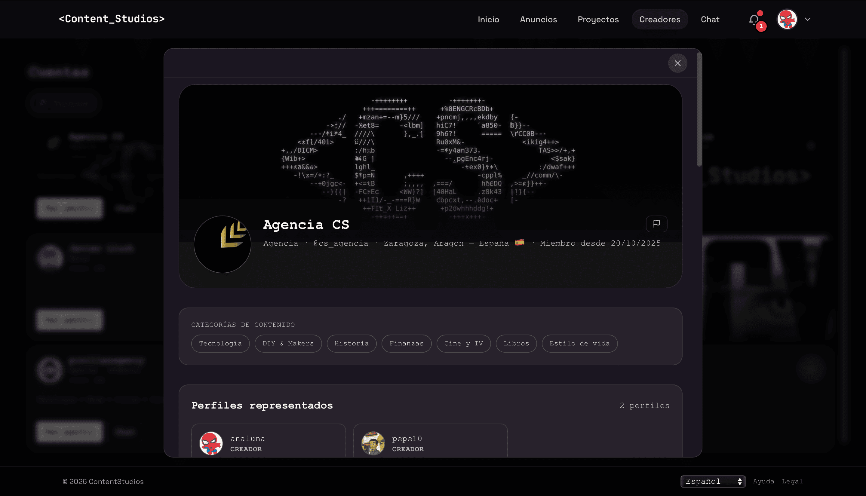Captura real de contentstudios.app — perfil de agencia