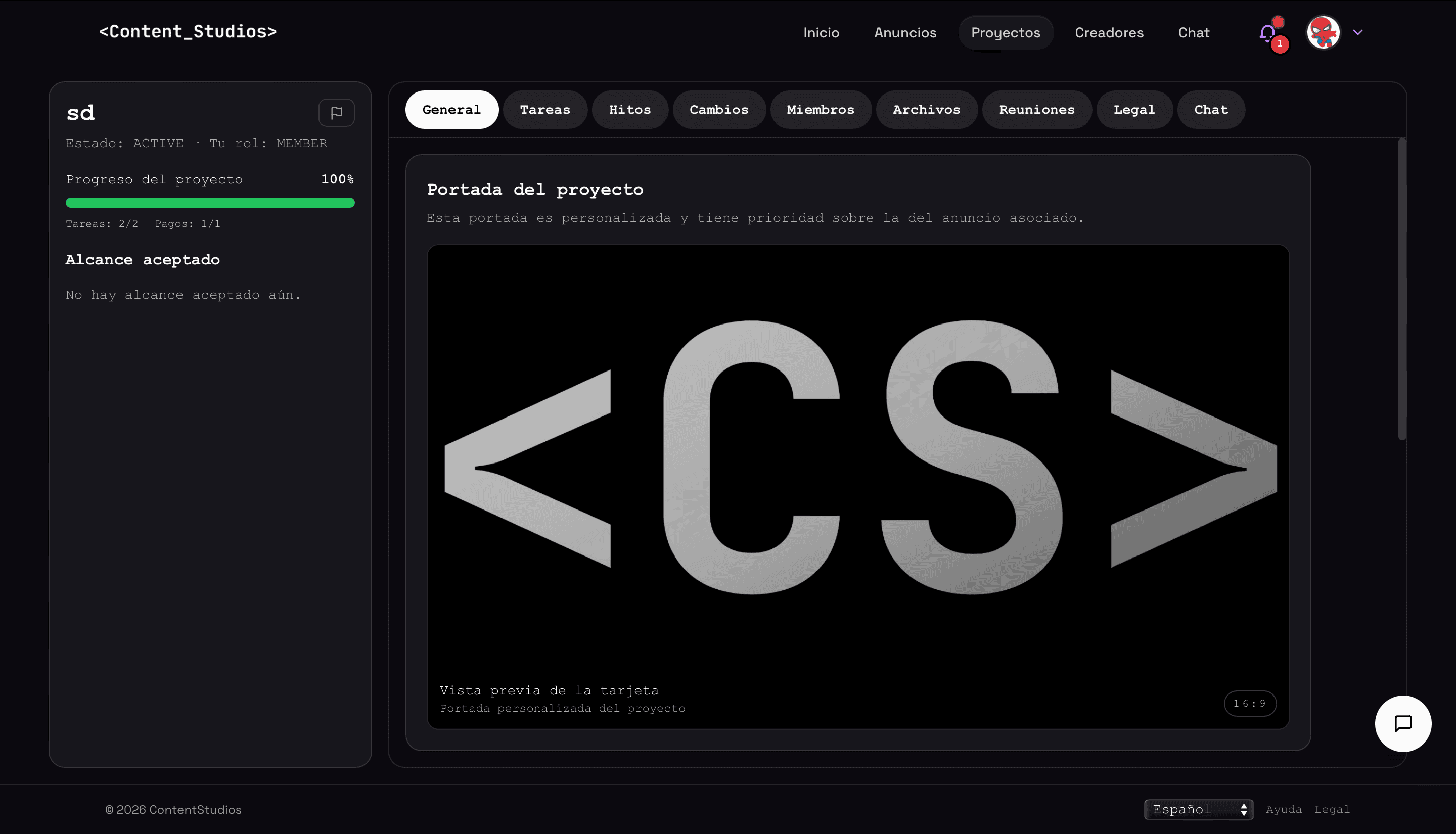 Captura real de contentstudios.app — detalle de un proyecto
