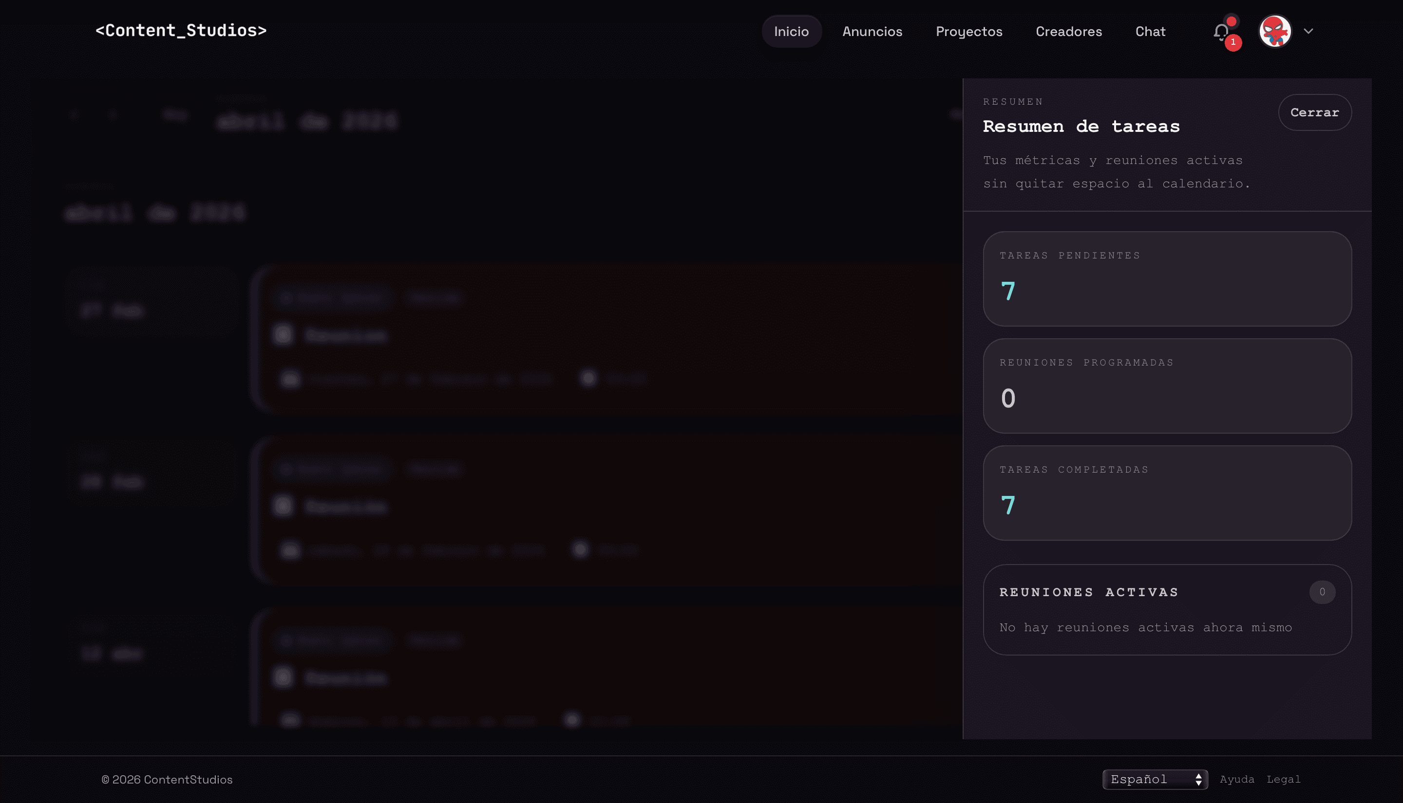 Captura real de contentstudios.app — resumen de tareas